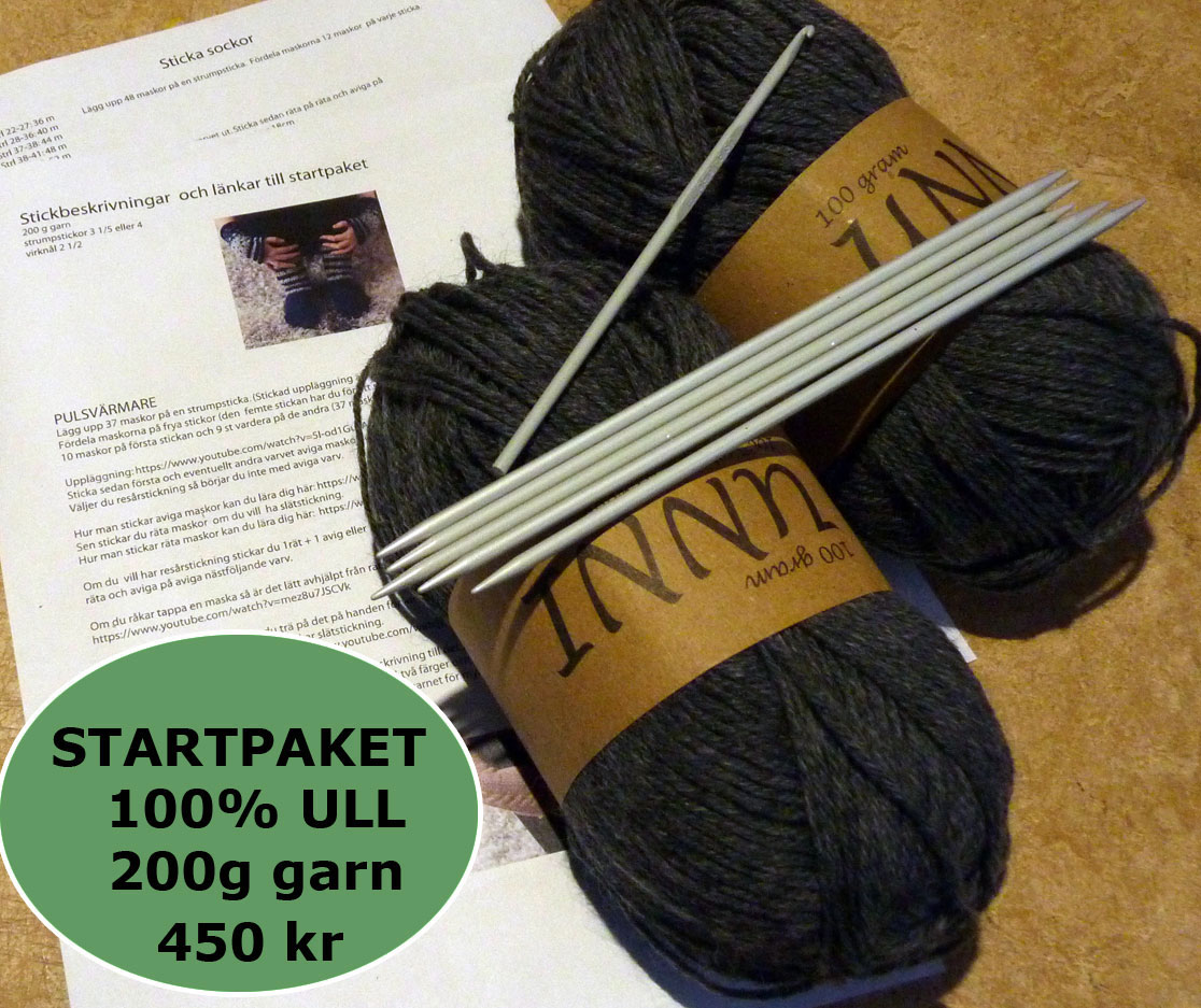 Startpaket i 100% rent yllegarn med stickor, virkn�l och beskrivning till pulsv�rmare och sockor